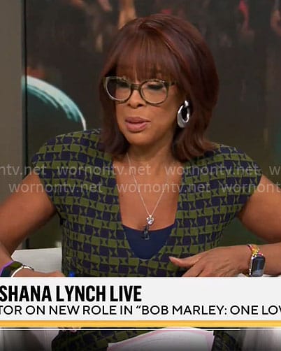 Gayle King's olive and navy geometric print dress on CBS Mornings