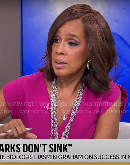 Gayle King’s pink v-neck corset sheath dress on CBS Mornings