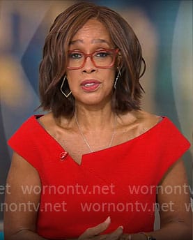 Gayle’s red asymmetric neckline dress on CBS Mornings