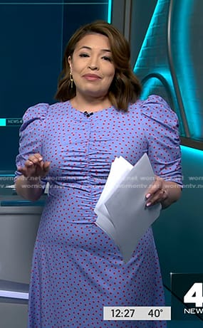 Gilma Avalos’s blue polka dot ruched dress on NBC News Daily