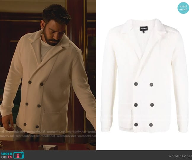 Giorgio Armani Knitted double-breasted cardigan worn by Rahul Kohli (Rahul Kohli) on Death and Other Details