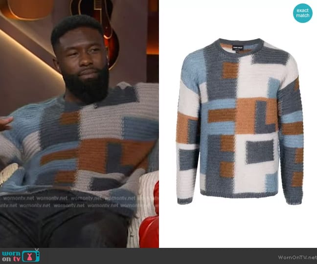 Giorgio Armani Jacquard Crew-Neck Knitted Jumper worn by Trevante Rhodes on The Kelly Clarkson Show