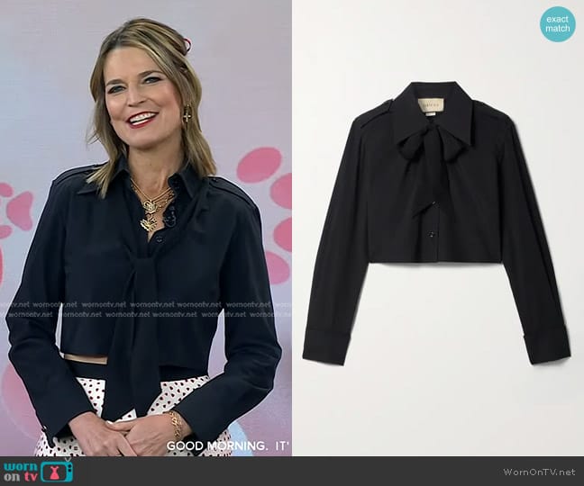 Gucci Cropped Silk Crepe-Trimmed Cotton-Poplin Shirt worn by Savannah Guthrie on Today