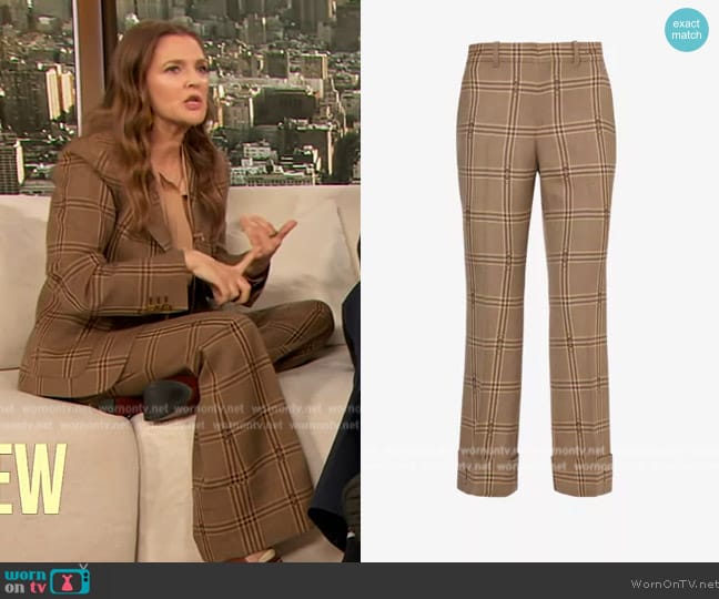 Gucci Horsebit check-patterned flared-leg wool trousers worn by Drew Barrymore on The Drew Barrymore Show