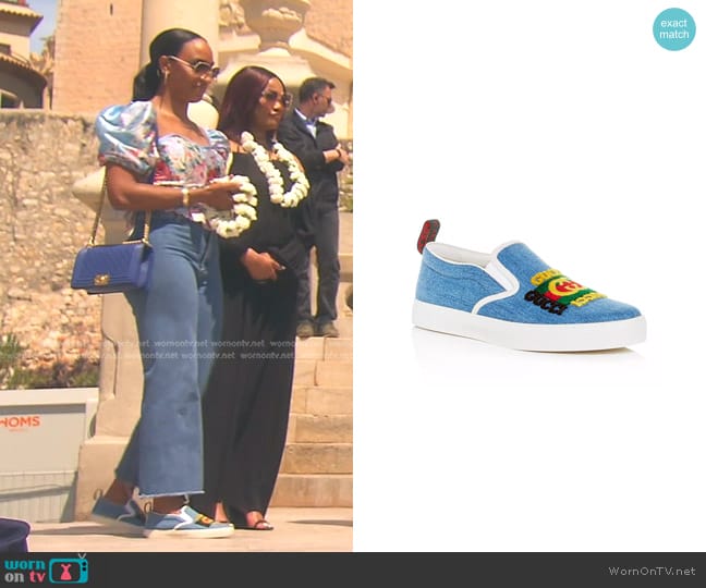 Gucci Kura Denim Slip-On Sneakers worn by Annemarie Wiley on The Real Housewives of Beverly Hills