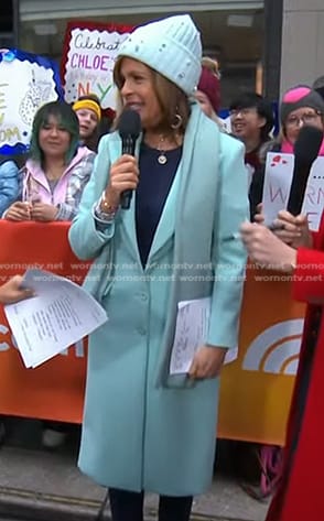 Hoda’s aqua blue coat and embellished beanie on Today