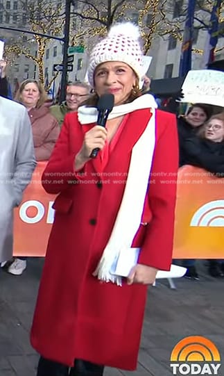 Hoda's red coat and heart knit pom pom beanie on Today