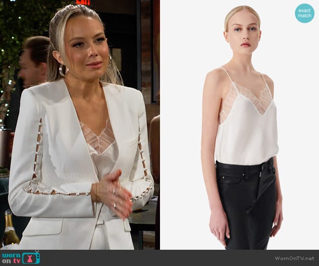 Abby’s white mesh trim top on The Young and the Restless