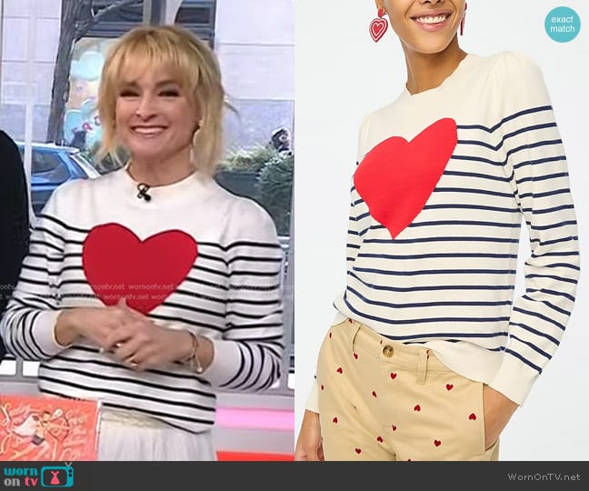 J. Crew Puff-Sleeve Heart Sweater in Ivory Navy Red Heart worn by Meaghan B Murphy on Today