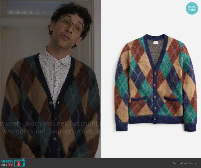 J. Crew Alpaca-blend argyle cardigan sweater worn by Edward (Rick Glassman) on Not Dead Yet