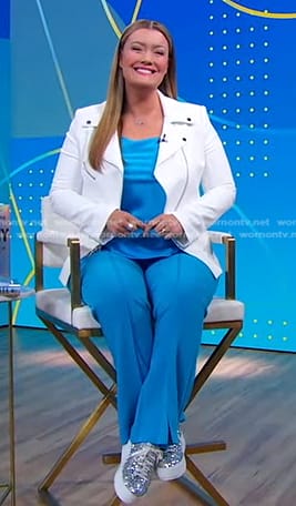 Jamie Kern Lima's blue top and white moto jacket on Good Morning America