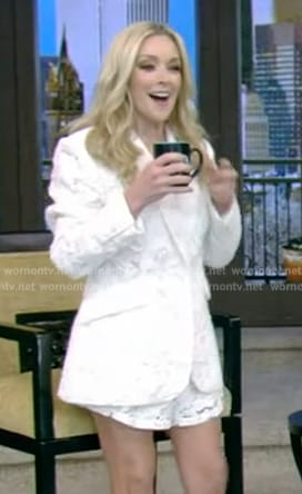 Jane Krakowski's white lace blazer and shorts on Live with Kelly and Mark