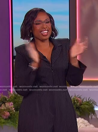 Jennifer’s black pinstripe jumpsuit on The Jennifer Hudson Show