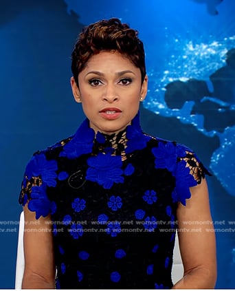 Jericka's black and blue floral lace dress on CBS Evening News