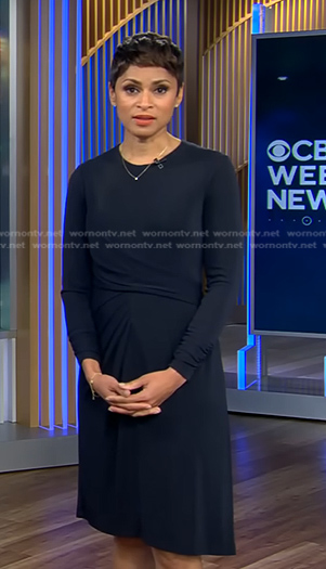 Jericka’s black gathered dress on CBS Evening News