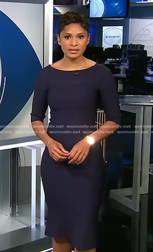 Jericka’s navy elbow sleeve dress on CBS Evening News