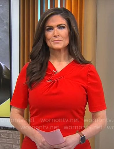 Jessica Moore’s red twist neck dress on CBS Mornings