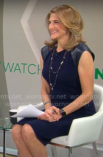 Jill Schlesinger's navy dress with leather shoulders on CBS Mornings