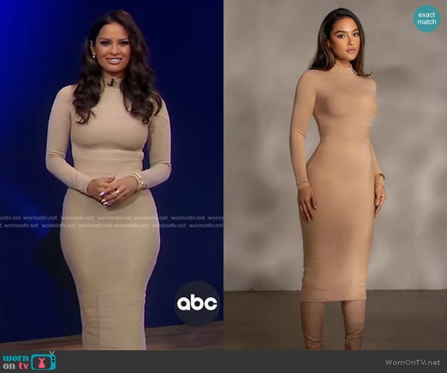 Jlux Label Dakotah Midi Dress in Beige worn by Rocsi Diaz on Good Morning America