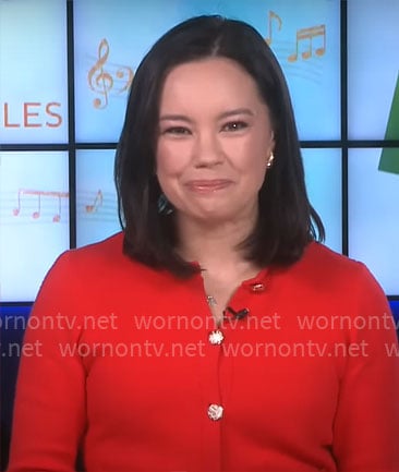 Jo Ling Kent's red cardigan with gold buttons on CBS Mornings