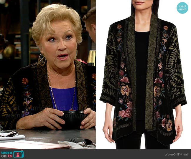 John Mark Embroidered Burnout Velvet Banded Neck 3/4 Cuffed Sleeve Floral Print Kimono worn by Traci Abbott (Beth Maitland) on The Young and the Restless