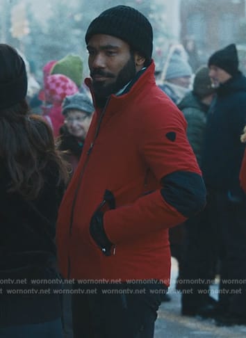 John's red ski jacket on Mr. & Mrs. Smith