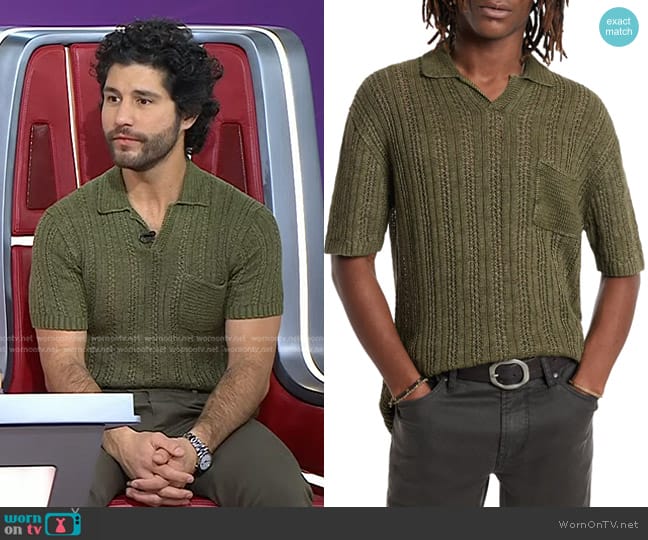 John Varvatos Odin Short Sleeve Textured Linen Sweater in Dark Moss worn by Dan Smyers on Today