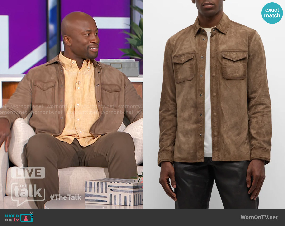 John Varvatos Izzy Goat Suede Overshirt worn by Akbar Gbajabiamila on The Talk