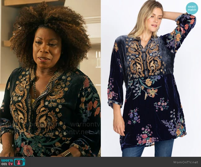 Johnny Was Gweneth Dress in Bouquet Burnout worn by Viola Marsette (Lorraine Toussaint) on The Equalizer