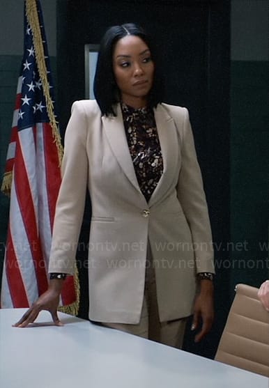 Jordan's beige long blazer and printed blouse on General Hospital