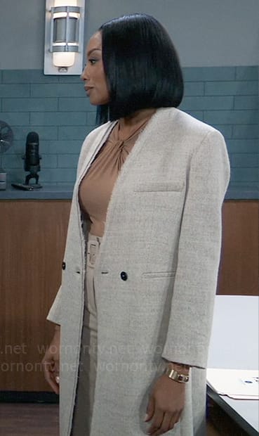 Jordan's long jacket with frayed trim on General Hospital