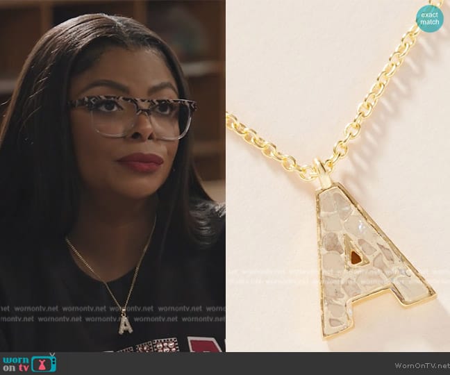 Joya Deco Diamond Monogram Pendant Necklace worn by Ava Coleman (Janelle James) on Abbott Elementary