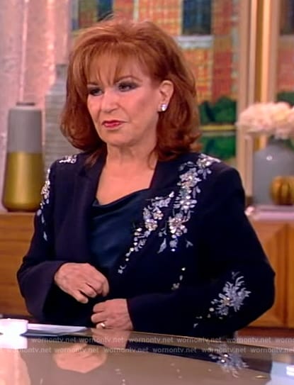 Joy's navy floral embellished blazer on The View