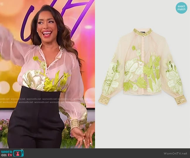 Karen Millen Organdie Applique Buttoned Woven Blouse worn by Gina Torres on The Jennifer Hudson Show