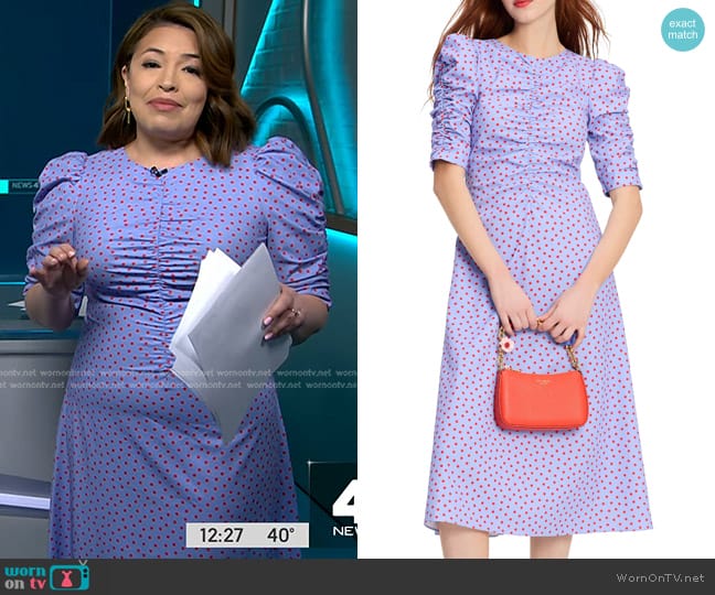 Kate Spade Spring Time Dot Ruched Dress in Cosmic Zen worn by Gilma Avalos on NBC News Daily