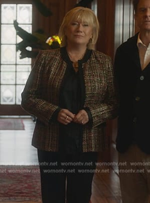 Katherine’s tweed metallic jacket on Death and Other Details