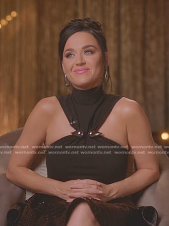 Katy Perry's black embellished top and crocodile mini skirt on American Idol