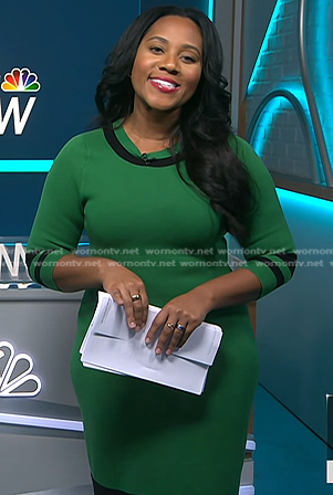 Kay Angrum's green stripe trim knit dress on NBC News Daily