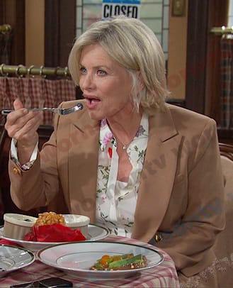 Kayla's white floral blouse and beige blazer on Days of our Lives