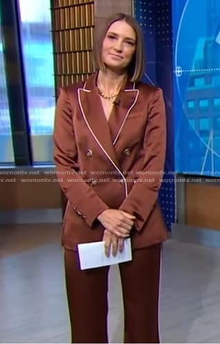 Kayna Whitworth’s brown satin blazer and pants on Good Morning America