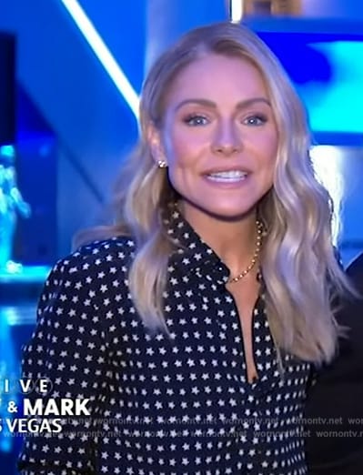 Kelly’s black star print blouse on Live with Kelly and Mark