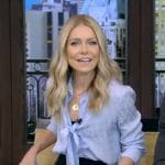 Kelly’s blue tie neck blouse on Live with Kelly and Mark