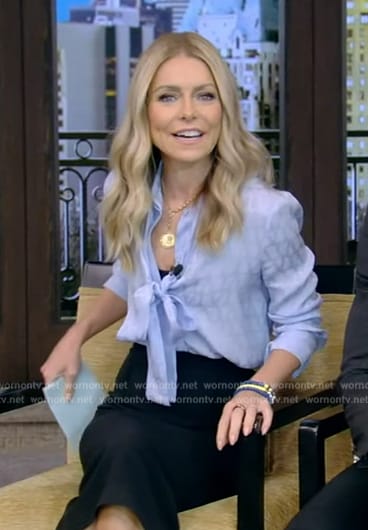 Kelly's blue tie neck blouse on Live with Kelly and Mark