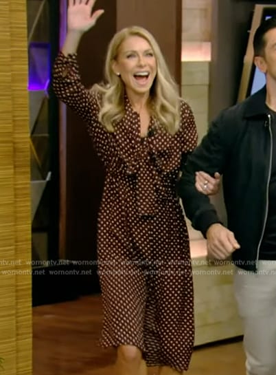 Kelly’s burgundy polka dot tie neck dress on Live with Kelly and Mark