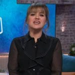 Kelly’s black ruffle blouse and draped skirt on The Kelly Clarkson Show