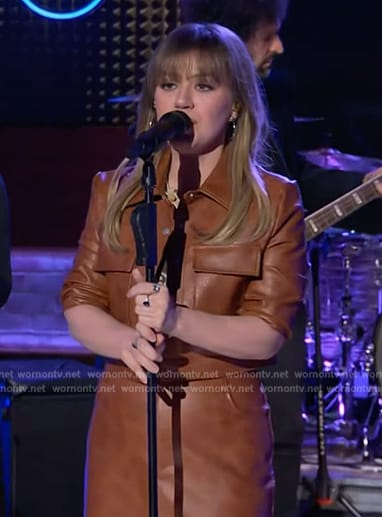 Kelly's brown leather jacket and skirt on The Kelly Clarkson Show