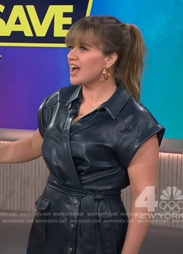 Kelly’s navy leather wrap dress on The Kelly Clarkson Show