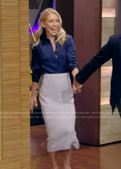 Kelly's navy satin blouse on Live with Kelly and Mark