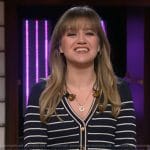 Kelly’s navy stripe button front dress on The Kelly Clarkson Show