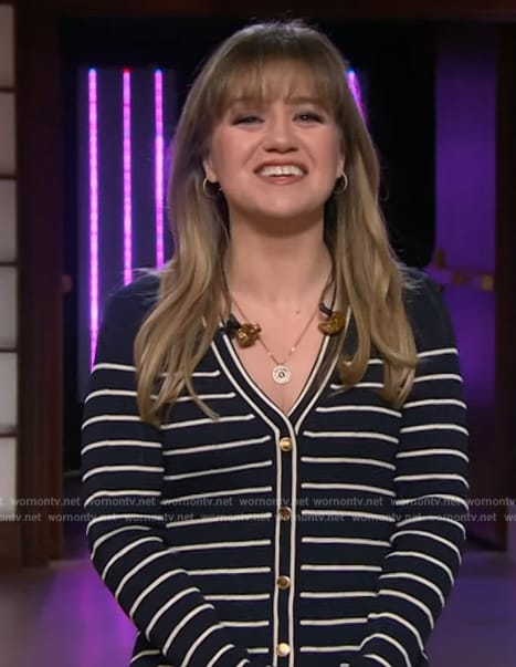 Kelly's navy stripe button front dress on The Kelly Clarkson Show